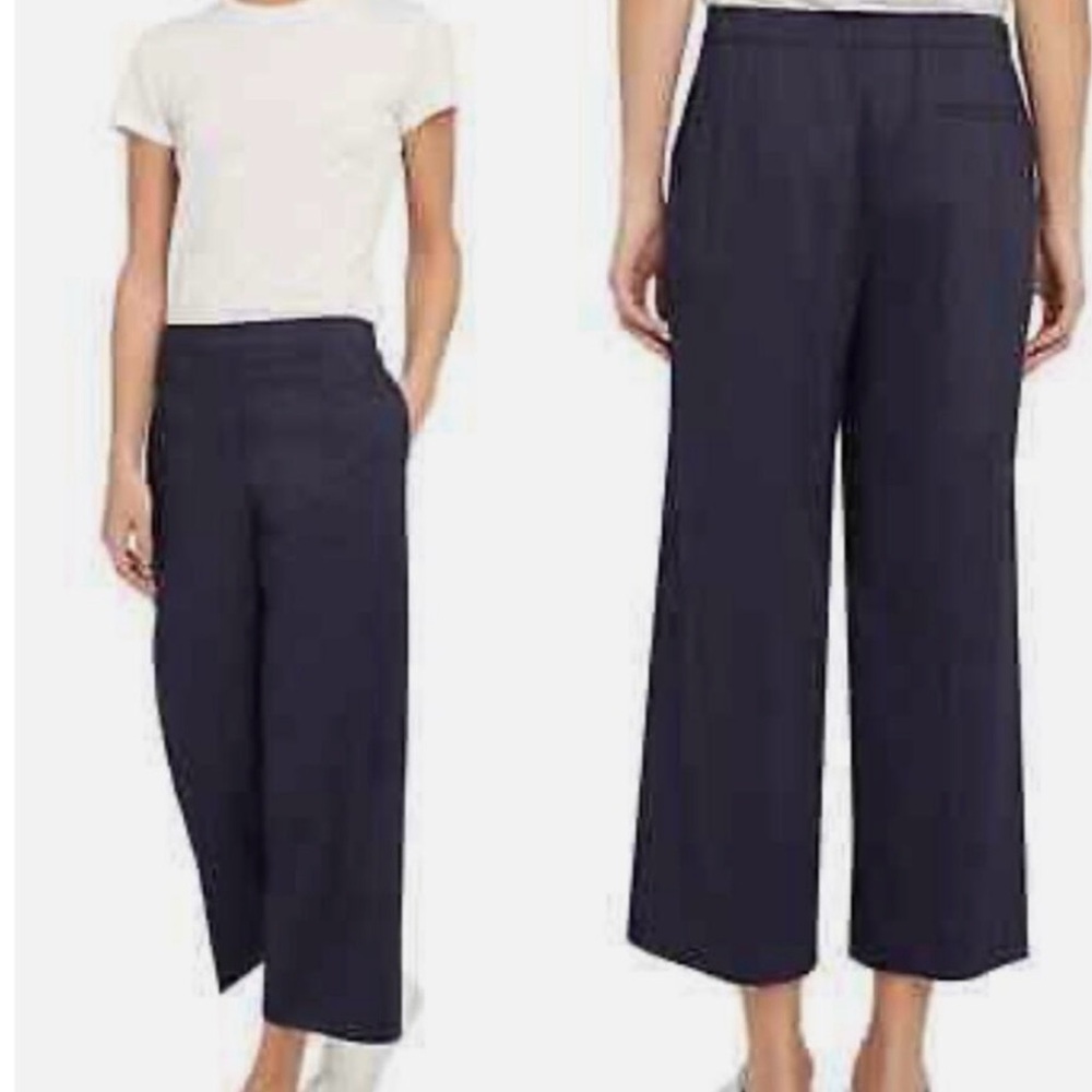 Theory Wide-Leg Pull-On Cropped Linen Blend Pants Navy Sz M